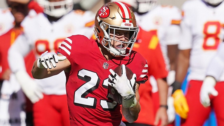 San Francisco 49ers running back Christian McCaffrey (23) and wide receiver Deebo  Samuel (19) celebrate a TD during an NFL football game against the Tampa  Bay Buccaneers, Sunday, Dec.11, 2022, in Santa