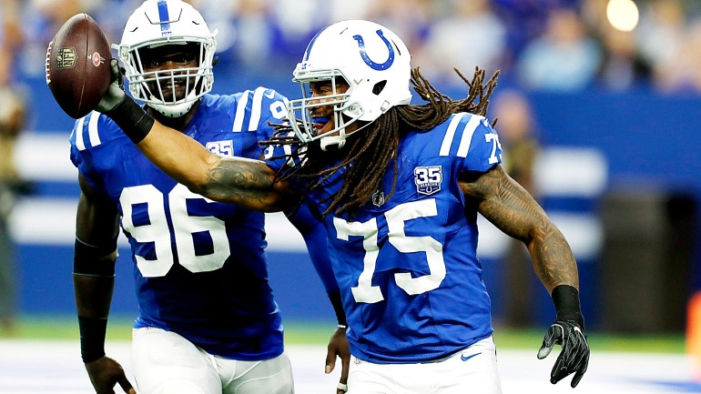 Indianapolis Colts defensive end Ryan Delaire (75) sacks San