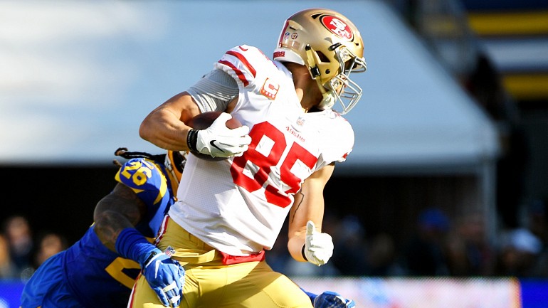 Jersey and gloves worn by 49ers TE George Kittle against the Rams