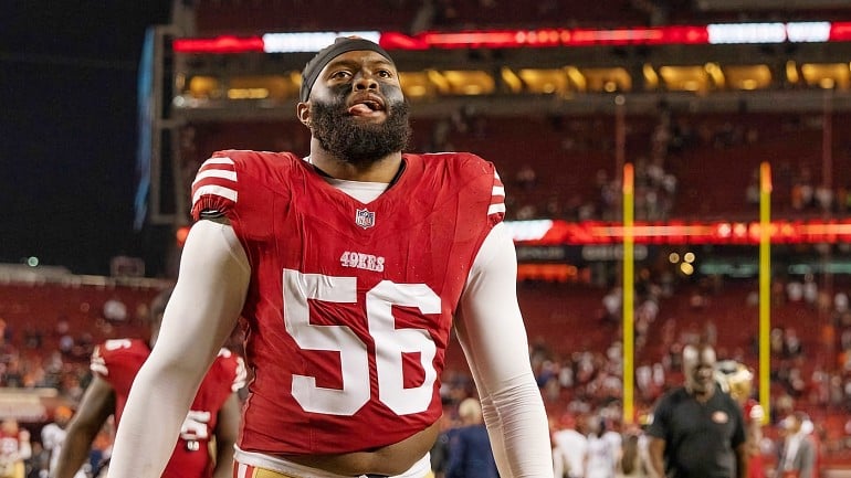 San Francisco 49ers defensive end Jordan Willis, left, and defensive end  Kerry Hyder Jr. against the Los Angeles Chargers during an NFL football  game in Santa Clara, Calif., Sunday, Nov. 13, 2022. (