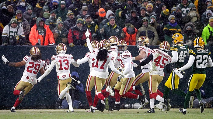 San Francisco 49ers safety Talanoa Hufanga (29) celebrates intercepting a  pass from Los Angeles