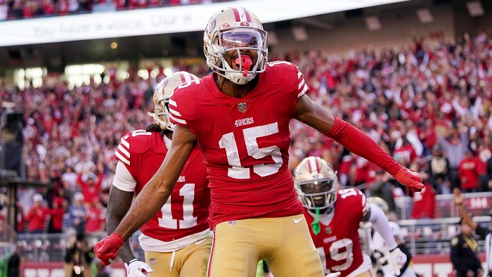 San Francisco 49ers wide receiver Jauan Jennings (15) runs onto the field  during an NFL football game against the Arizona Cardinals, Sunday, Jan.8,  2023, in Santa Clara, Calif. (AP Photo/Scot Tucker Stock