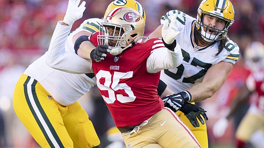 San Francisco 49ers' Drake Jackson runs a drill at the NFL team's