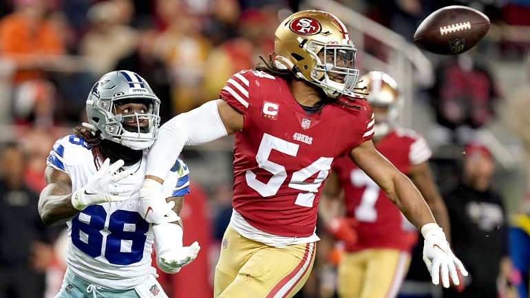 San Francisco 49ers linebacker Fred Warner (54) reacts during an