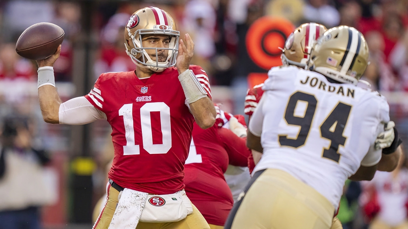 San Francisco 49ers guard Aaron Banks (65) runs on the field during the  first half of