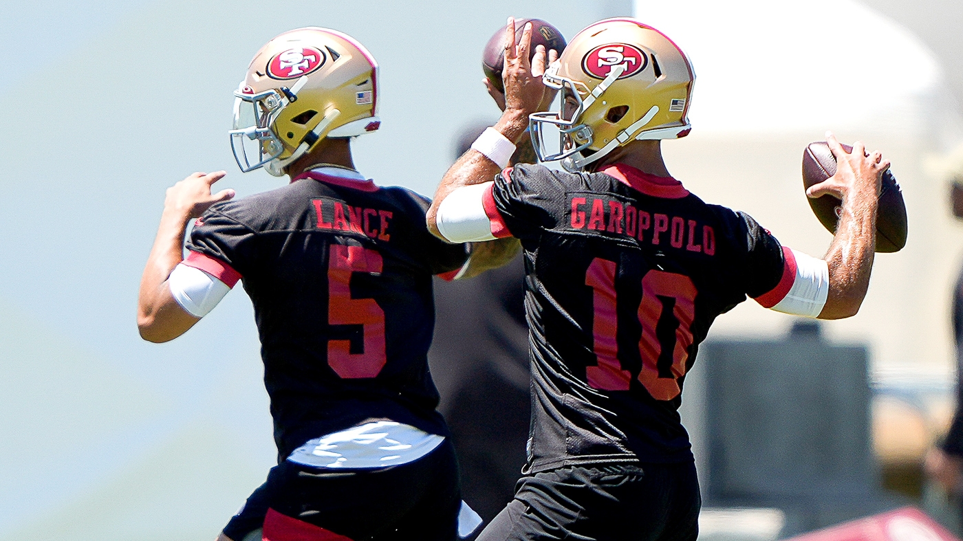 San Francisco 49ers quarterback Trey Lance throws a pitch during