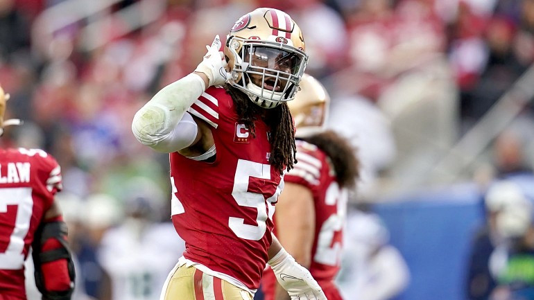 Fred Warner of the San Francisco 49ers lines up to defend during