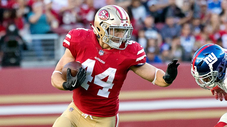 PHILADELPHIA, PA - JANUARY 29: San Francisco 49ers fullback Kyle Juszczyk ( 44) looks on during the Championship game between the San Fransisco 49ers  and the Philadelphia Eagles on January 29, 2023. (Photo