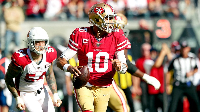 Arizona Cardinals middle linebacker Jordan Hicks, right, sacks San  Francisco 49ers quarterback Jimmy Garoppolo during the first half of an NFL  football game in Santa Clara, Calif., Sunday, Nov. 17, 2019. (AP