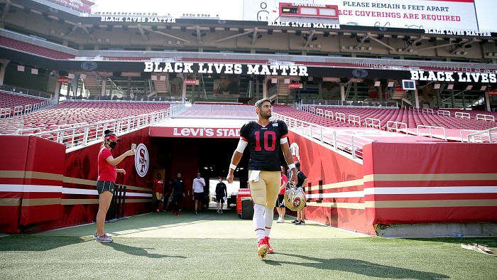 49ers Notebook: BLM at Levi's Stadium, Mullens ranked No. 6 backup QB,  crowd noise may be game-to-game decision, 'Feels great, baby' mask | 49ers  Webzone
