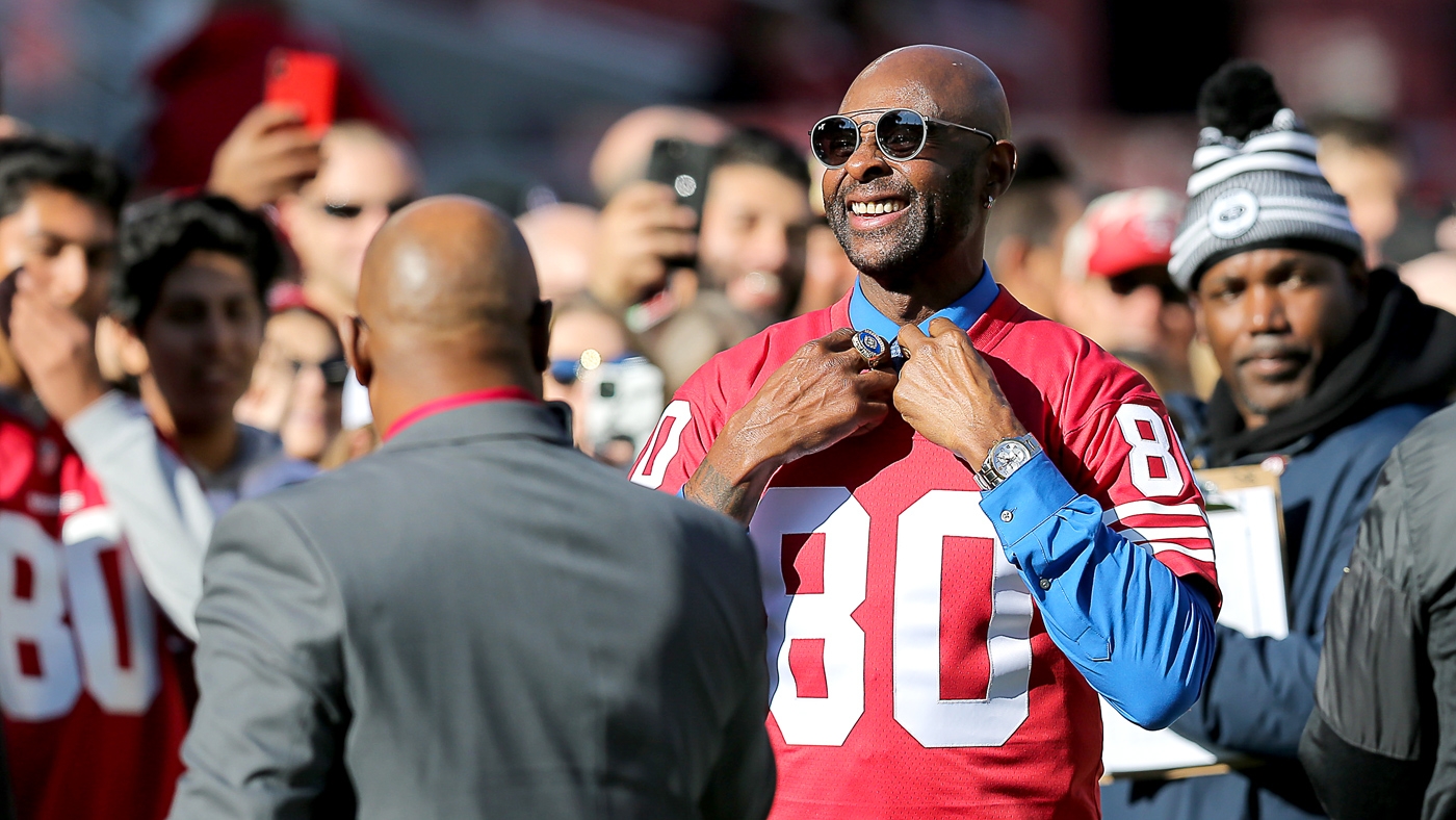 Former San Francisco 49ers, Oakland Raider and Hall of Famer Jerry Rice  greets fans from the ESPN live broadcasting stage al…