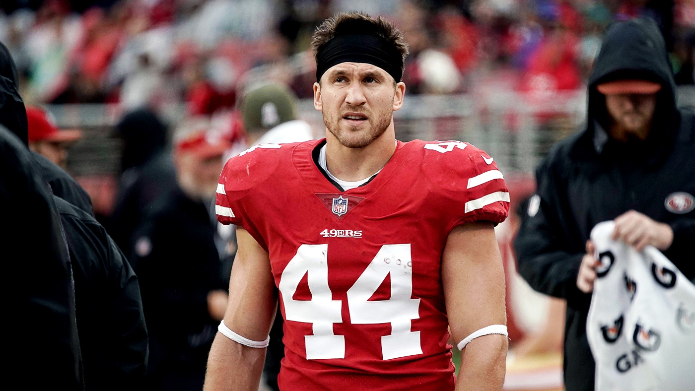 PHILADELPHIA, PA - JANUARY 29: San Francisco 49ers fullback Kyle Juszczyk ( 44) looks on during the Championship game between the San Fransisco 49ers  and the Philadelphia Eagles on January 29, 2023. (Photo