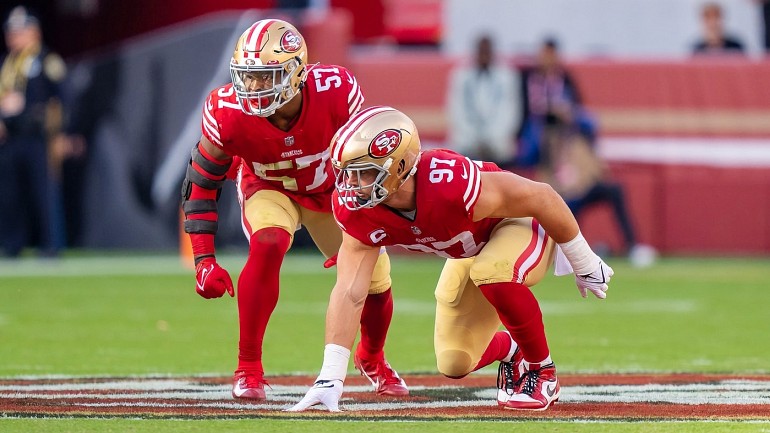 San Francisco 49ers safety George Odum (30) runs after an interception  during an NFL football game against the Arizona Cardinals, Sunday, Jan.8,  2023, in Santa Clara, Calif. (AP Photo/Scot Tucker Stock Photo 