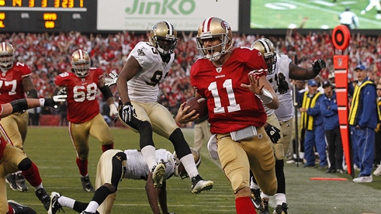 Alex Smith scrambles into the endzone during the NFC Divisional Playoffs against the Saints. Photo by Cary Edmondson (US Presswire)