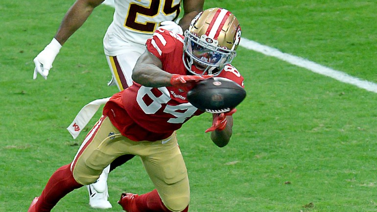 Kendrick Bourne of the San Francisco 49ers warms up before Super Bowl