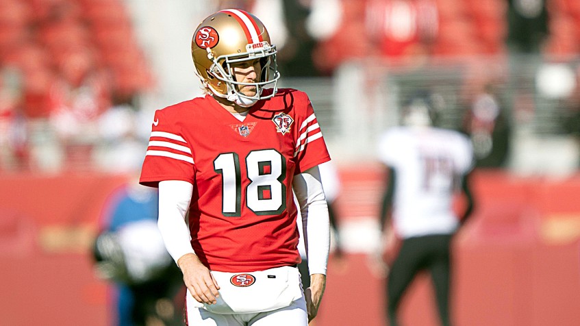 San Francisco 49ers long snapper Taybor Pepper (46) stands on the field  with punter Mitch Wishnowsky (18) before an NFL football game against the  Tampa Bay Buccaneers, Sunday, Dec.11, 2022, in Santa