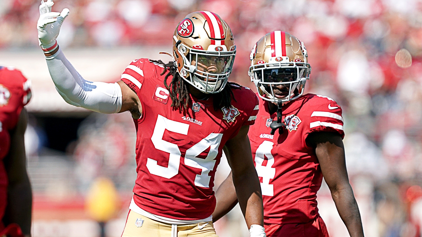 San Francisco 49ers linebacker Fred Warner (54) reacts during an