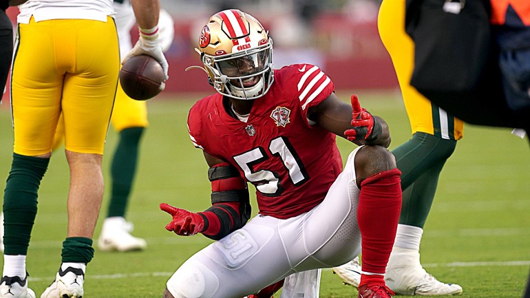 San Francisco 49ers safety Tarvarius Moore, left, and linebacker Azeez  Al-Shaair during an NFL football game against the Los Angeles Chargers in  Santa Clara, Calif., Sunday, Nov. 13, 2022. (AP Photo/Godofredo A.