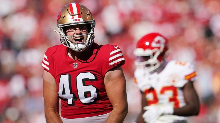 San Francisco 49ers long snapper Taybor Pepper (46) looks on