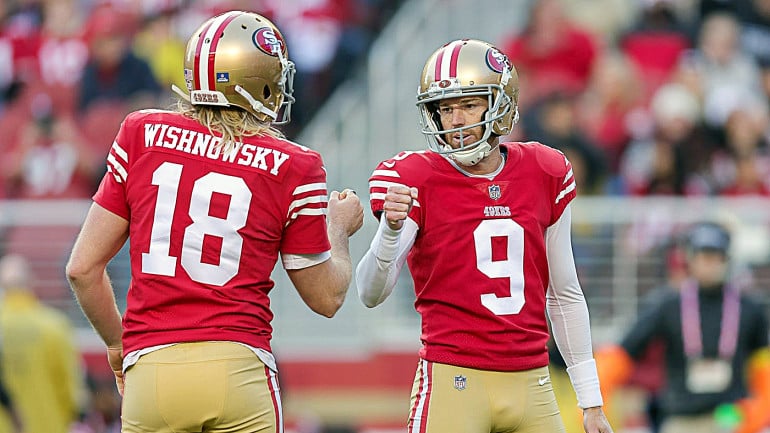 San Francisco 49ers kicker Robbie Gould (9) follows his kick