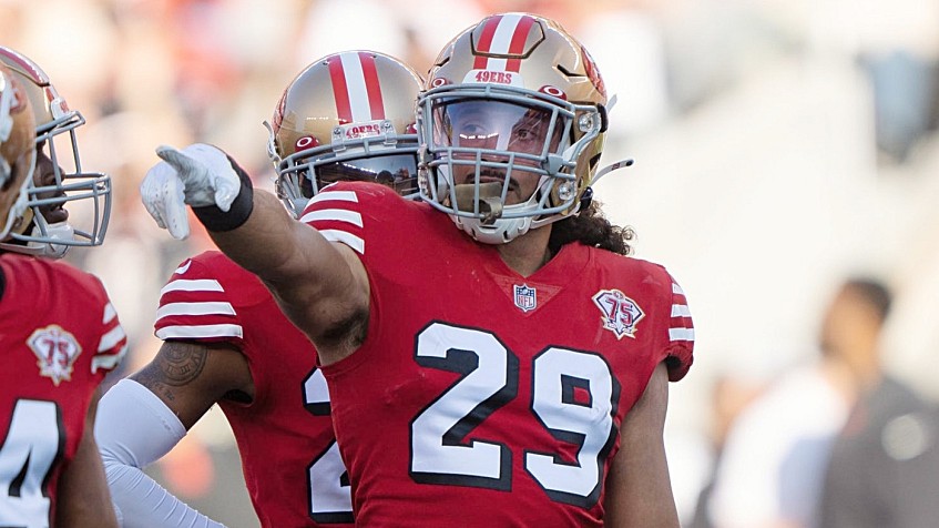 San Francisco 49ers safety Talanoa Hufanga (29) runs onto the field during  an NFL football game against the Arizona Cardinals, Sunday, Jan.8, 2023, in  Santa Clara, Calif. (AP Photo/Scot Tucker Stock Photo 