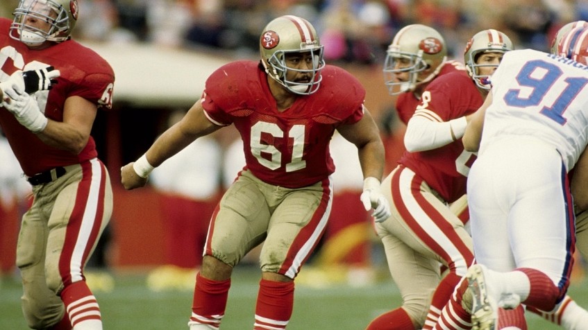 Former San Francisco 49ers players Jesse Sapolu, left, and Joe