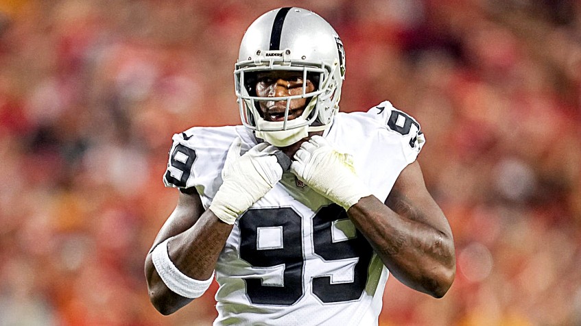 Las Vegas Raiders defensive end Clelin Ferrell (99) gets set on defense  during an NFL football