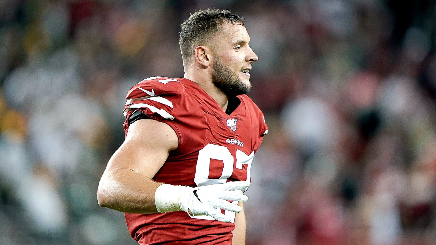 San Francisco 49ers defensive end Nick Bosa (97) during warmups before the  start of the game against the Minnesota Vikings in San Francisco, Sunday  November 28,, 2021. (Neville Guard/Image of Sport/Sipa USA