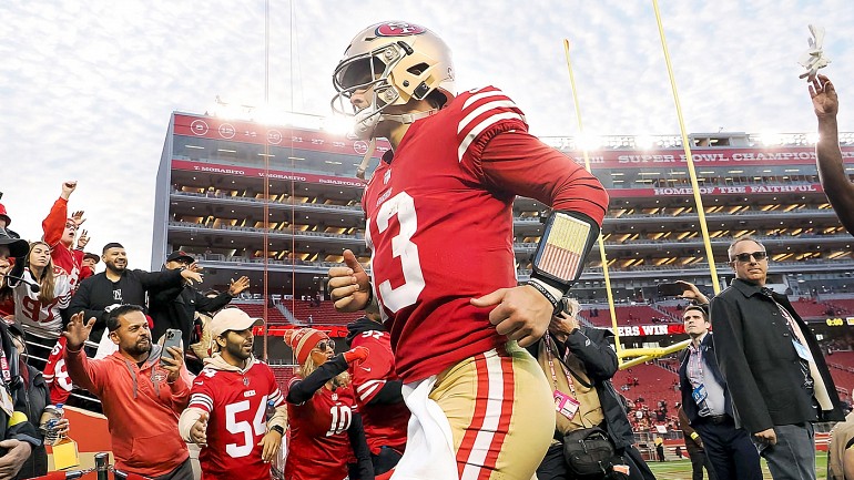 San Francisco 49ers quarterback Brock Purdy (13) prepares to snap the ball  during the first half of an NFL preseason football game against the Los  Angeles Chargers, Friday, Aug. 25, 2023, in