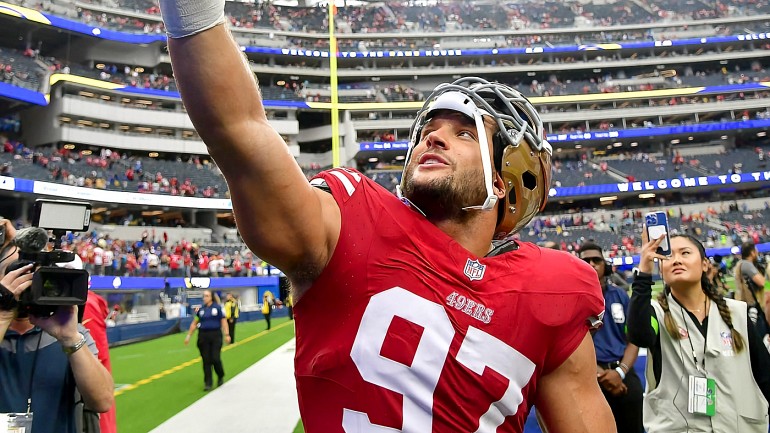 San Francisco 49ers defensive end Nick Bosa (97) during warmups before the  start of the game against the Minnesota Vikings in San Francisco, Sunday  November 28,, 2021. (Neville Guard/Image of Sport/Sipa USA