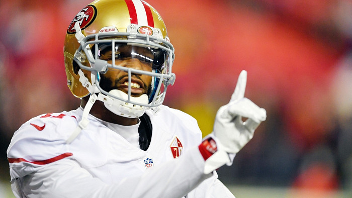 San Francisco 49ers wide receiver Quinton Patton (11) sits on the sideline  during the second half of an NFL football game against the Arizona Cardinals  in Santa Clara, Calif., Sunday, Nov. 29