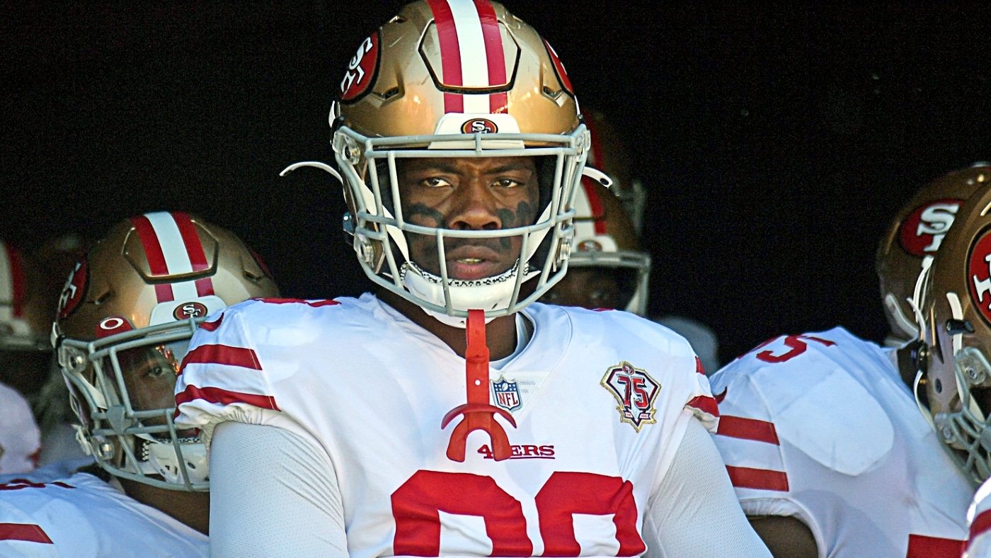 San Francisco 49ers Arden Key (98) reacts on the sideline during