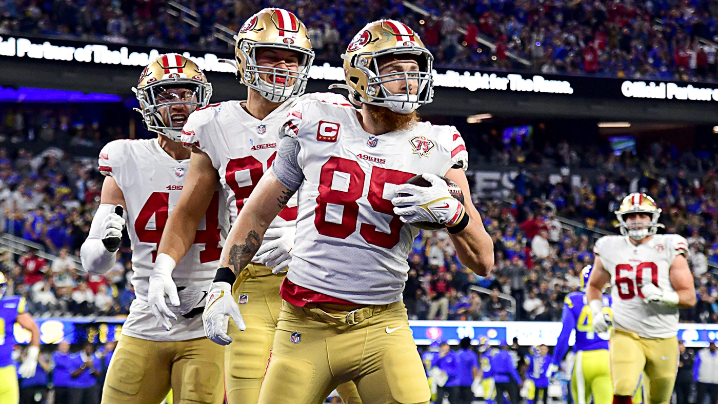 San Francisco 49ers TE George Kittle (85) celebrates an eight yard