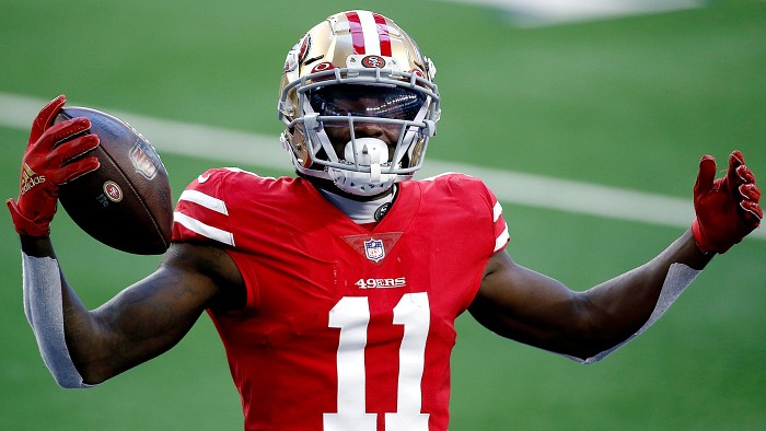 November 07, 2021: San Francisco 49ers wide receiver Brandon Aiyuk (11)  celebrates a touchdown with tight end George Kittle (85) and wide receiver  Mohamed Sanu (6), during a NFL football game between