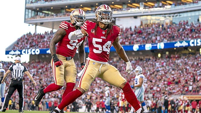 San Francisco 49ers wide receiver Ray-Ray McCloud III (3) celebrates after  a touchdown in the first quarter against the Kansas City Chiefs during an  NFL football game, Sunday, Oct. 23, 2022 in