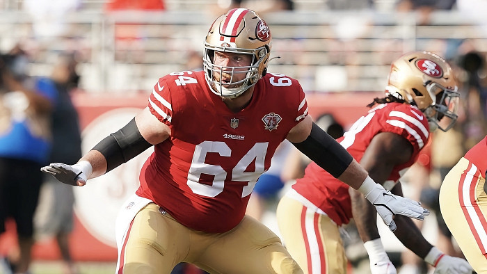 San Francisco 49ers center Jake Brendel heads to the locker room