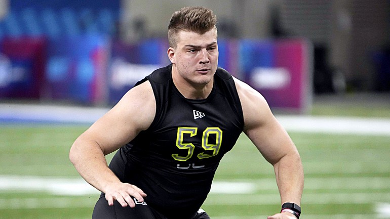 Fordham offensive lineman Nick Zakelj runs the 40-yard dash at the