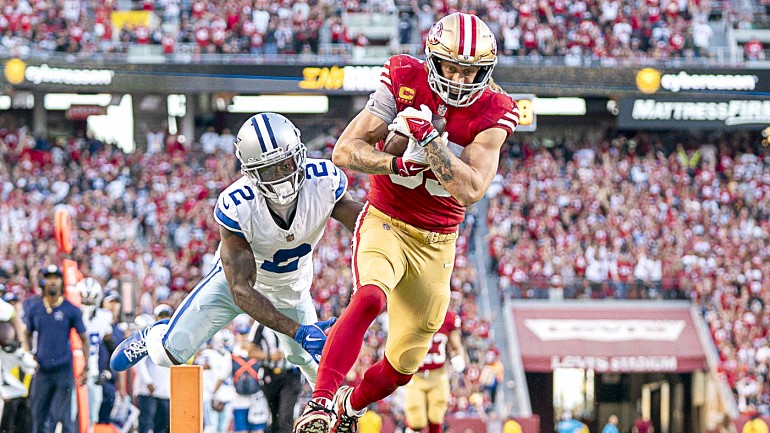 George Kittle does press conference in shirtless Jimmy Garoppolo shirt