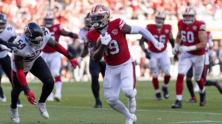 Watch: Deebo Samuel hit sends defender's mouthpiece flying vs. Falcons –  Bay Area Sports Hub