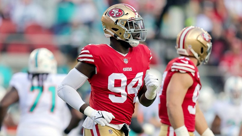 San Francisco 49ers' Clelin Ferrell, from left, Javon Hargrave and