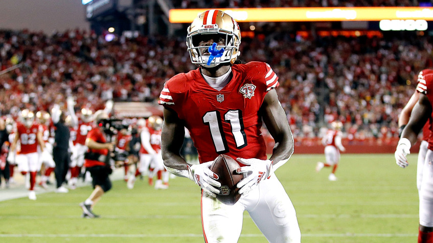 San Francisco 49ers wide receiver Brandon Aiyuk stretches out for 42-yard  gain from quarterback Brock Purdy