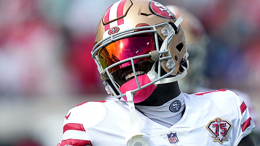 A helmet detail of San Francisco 49ers wide receiver Deebo Samuel (19) is  seen during an NFL football game against the Los Angeles Rams Sunday, Jan.  9, 2022, in Inglewood, Calif. (AP