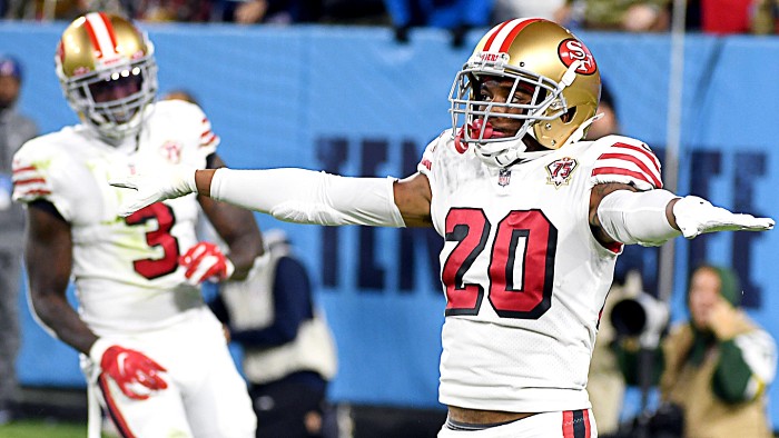 INGLEWOOD, CALIFORNIA - JANUARY 09: Ambry Thomas #20 of the San Francisco  49ers reacts following a 27-24 win over the Los Angel…