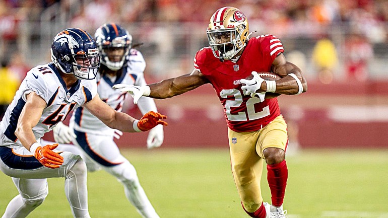 San Jose, California, USA. August 10, 2019: San Francisco 49ers wide  receiver Shawn Poindexter (1) finds himself alone in Cowboy territory being  tackled by Dallas Cowboys linebacker Nate Hall (43) and Dallas