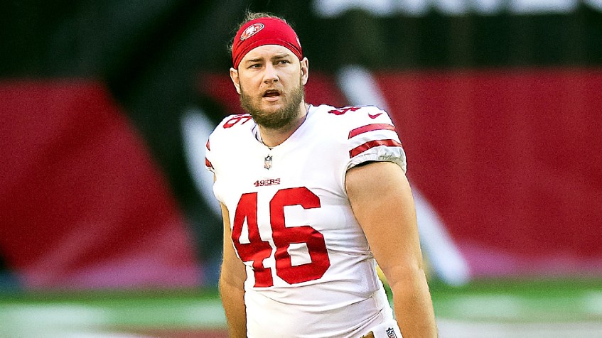 San Francisco 49ers long snapper Taybor Pepper (46) stands on the field  with punter Mitch Wishnowsky (18) before an NFL football game against the  Tampa Bay Buccaneers, Sunday, Dec.11, 2022, in Santa