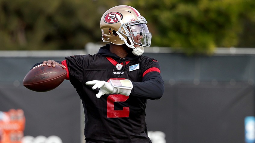 San Francisco 49ers quarterback Josh Johnson (17) on the sidelines