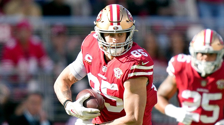 San Francisco 49ers tight end George Kittle (85) makes a catch during an  NFL football game against the Seattle Seahawks, Sunday, Oct. 3, 2021 in  Santa Clara, Calif. (AP Photo/Lachlan Cunningham Stock